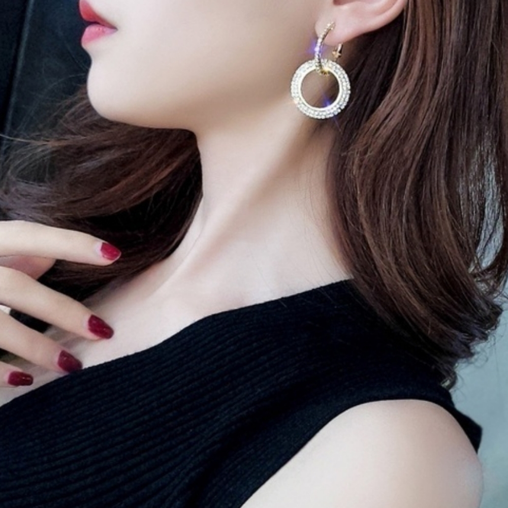 New Rhinestone Double Hoop Dangle Earrings - Picture 4 of 9